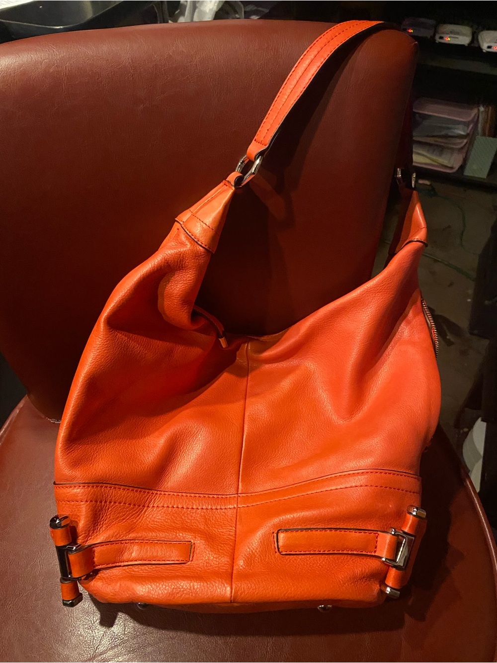 b. makowsky Vibrant Orange Pebbled Leather Hobo